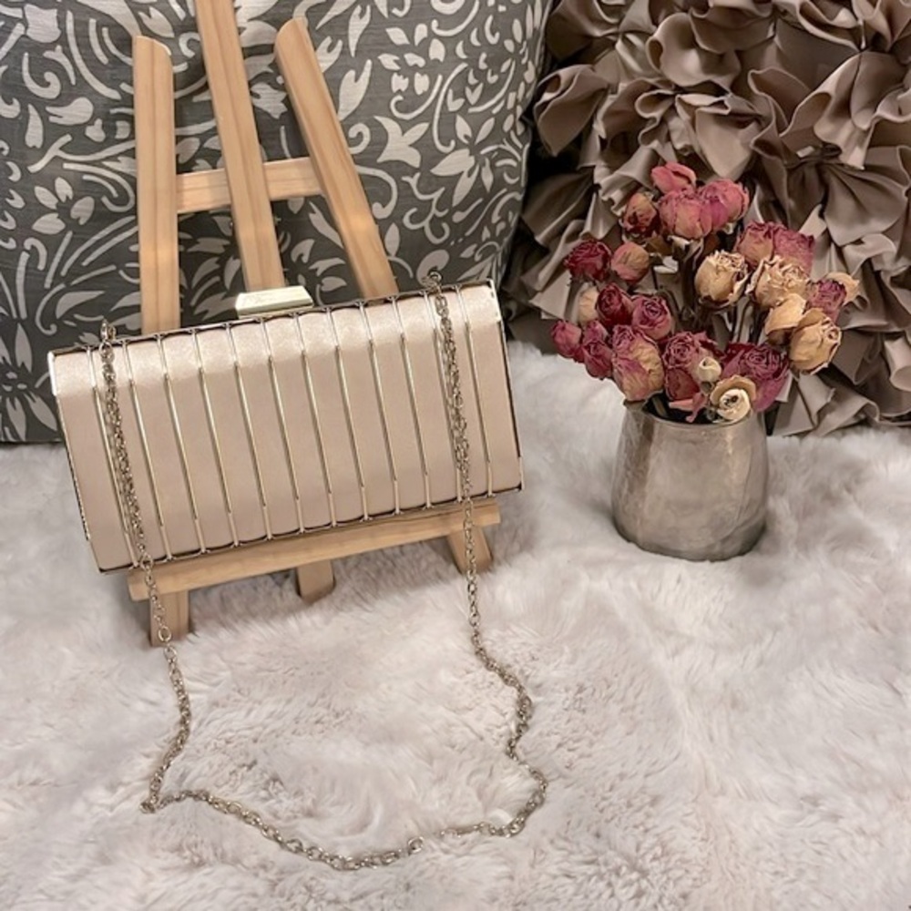 INC Goldtone Cage Structured Satin Mini Structured Clutch Neutral Shoulder Bag